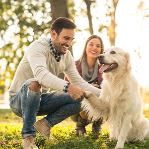 A man and woman with their dog in a natural green environment.