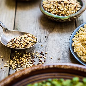 A dish full of quinoa rice. This rice is higher in overall nutrients and is now easily accessible at most grocery stores.