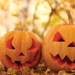 Two carved pumpkins. Toxic chemicals can be found in Halloween costumes, accessories, and decoration.