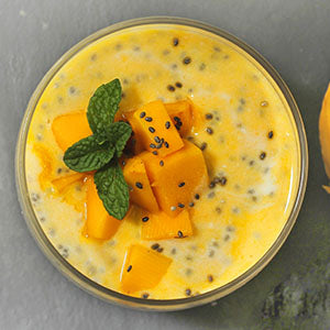 A jar of mango chia pudding.