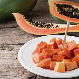 A plate of papaya. Papaya is a good source of proteolytic enzymes.