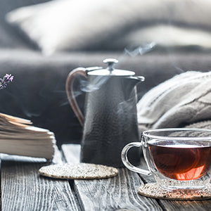 A table with tea and lavender.